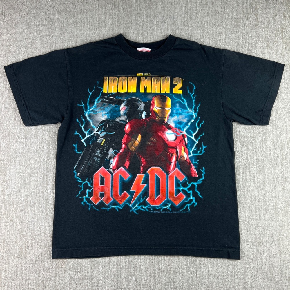 Marvel Iron Man 2 AC/DC T-Shirt Boys Medium Black Lightning Graphic Band Tee